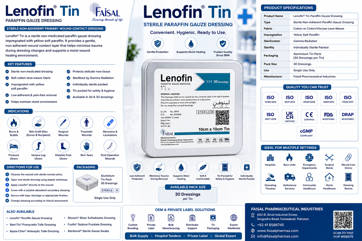 Lenofin® Tin Paraffin Gauze Dressing Pakistan | Sterile Non-Adherent Dressing in Aluminium Tin