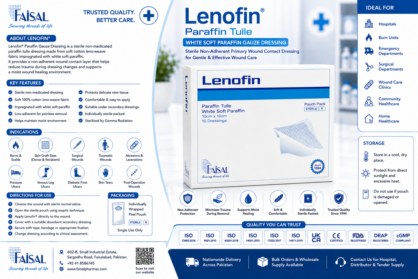 Lenofin® Paraffin Gauze Dressing Pakistan | Sterile Non-Adherent Burn & Wound Dressing