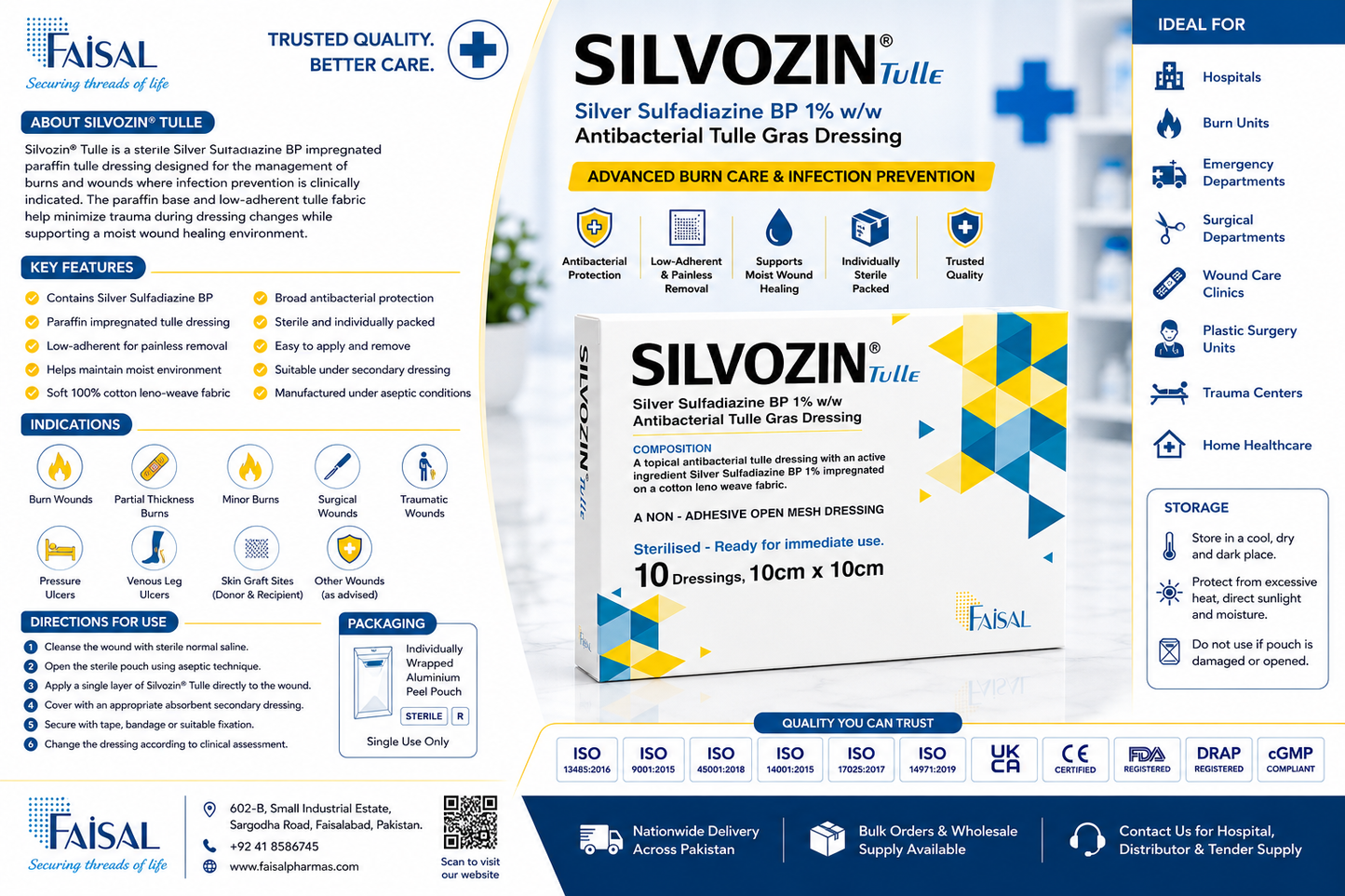 Silvozin® Medicated Tulle Dressing | Silver Sulfadiazine BP 1% | Sterile Antibiotic Burn Dressing