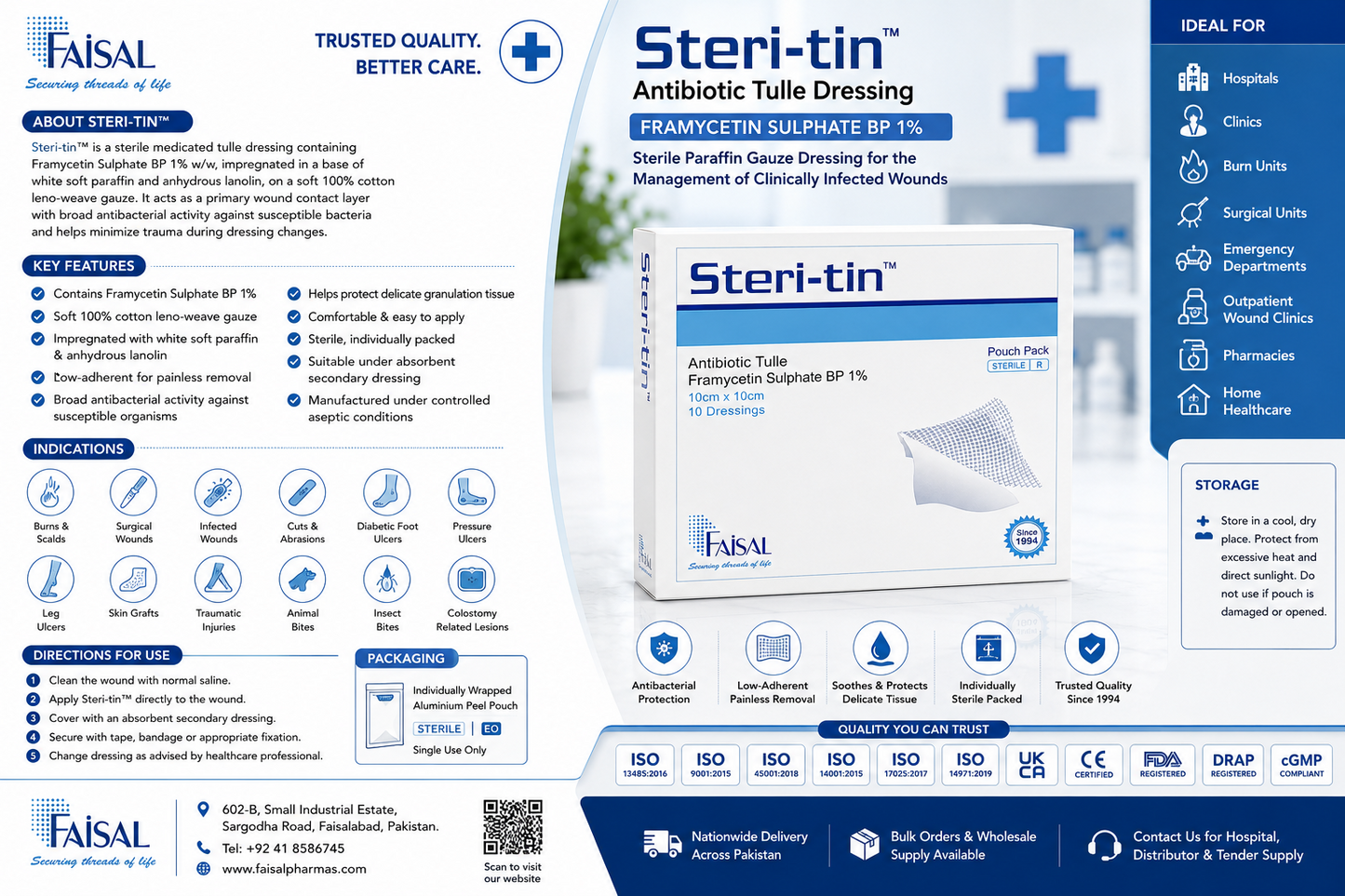 Steri-Tin® Medicated Tulle Dressing | Framycetin Sulphate BP 1% | Sterile Antibiotic Paraffin Gauze Dressing